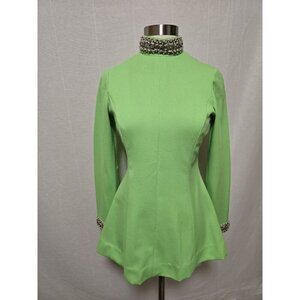1960s 70s Vintage Womens Peplum Long Sleeve Top Neon Green Rhinestones
